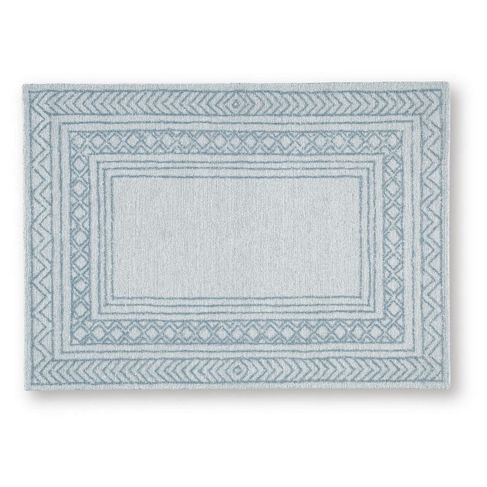 Hazel H&-Tufted Medium Area Rug | Blue Geometric Border | Ivory-Gray Wool 5x7