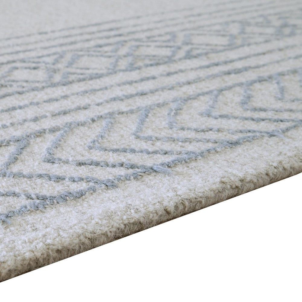 Hazel H&-Tufted Medium Area Rug | Blue Geometric Border | Ivory-Gray Wool 5x7