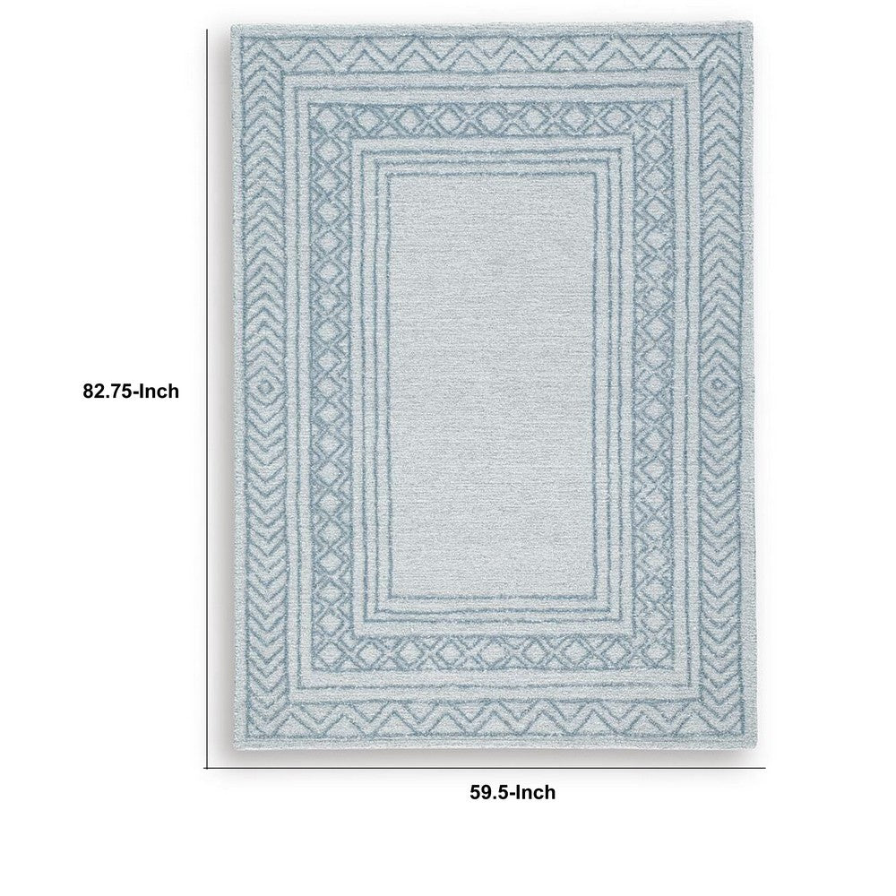 Hazel H&-Tufted Medium Area Rug | Blue Geometric Border | Ivory-Gray Wool 5x7