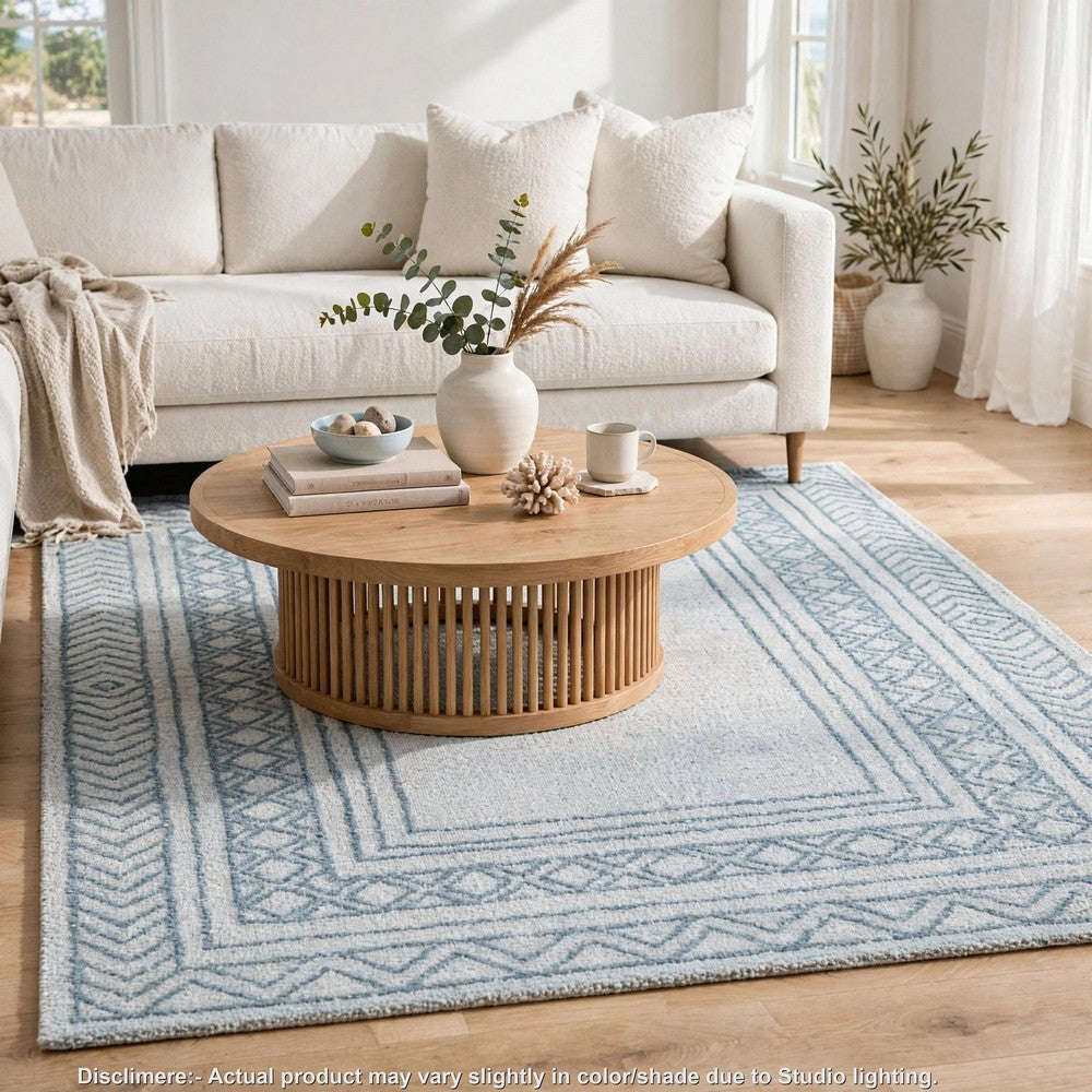 Hazel H&-Tufted Medium Area Rug | Blue Geometric Border | Ivory-Gray Wool 5x7