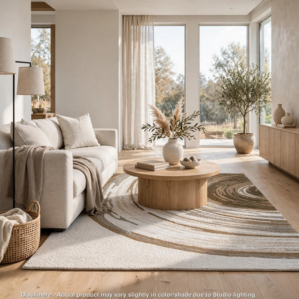 Rizzy Medium Area Rug with Brown-Gray Abstract Ripple Design | Ivory Wool 5x7