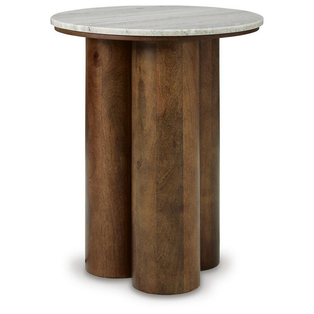 Ziana Cylindrical Accent Table with Beige Marble Top | Brown Wood 23"