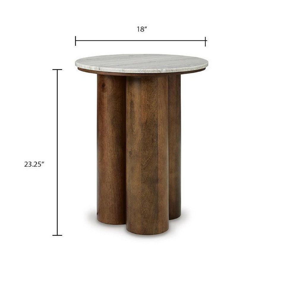 Ziana Cylindrical Accent Table with Beige Marble Top | Brown Wood 23"
