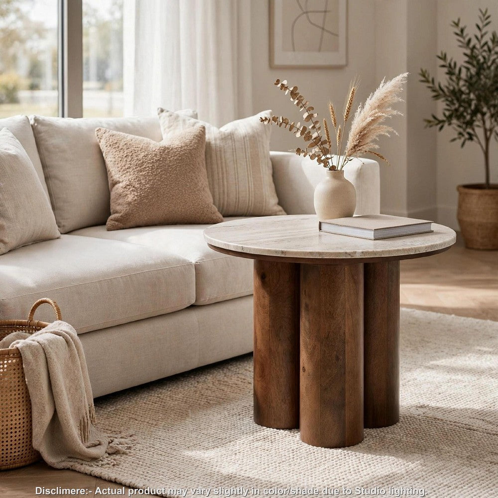 Ziana Cylindrical Accent Table with Beige Marble Top | Brown Wood 23"