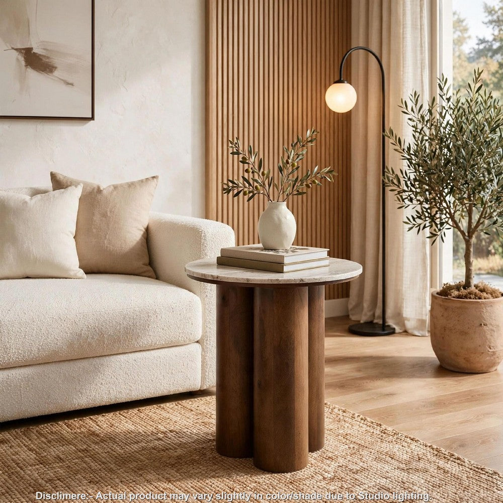Ziana Cylindrical Accent Table with Beige Marble Top | Brown Wood 23"