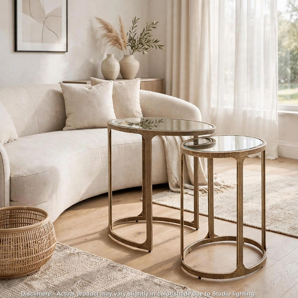 Irma Nesting Accent Table | Mirror Tops | Set of 2 | Antique Gold Metal