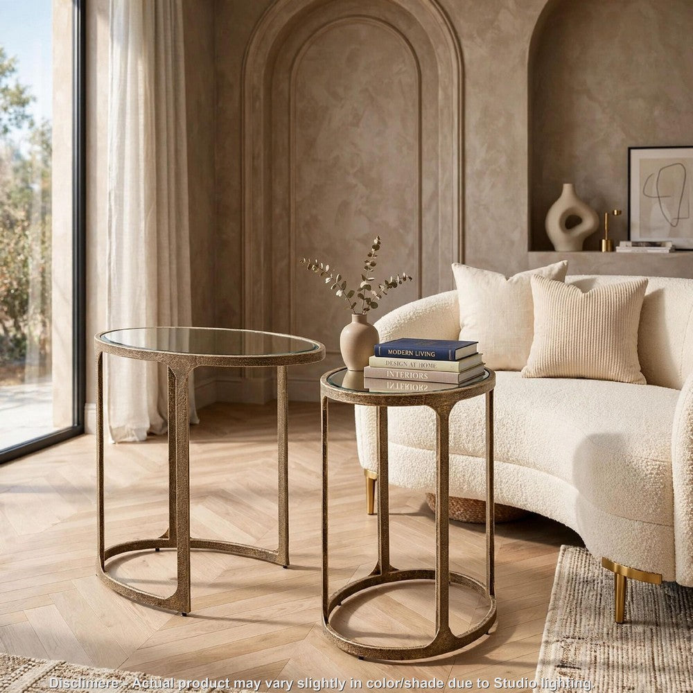 Irma Nesting Accent Table | Mirror Tops | Set of 2 | Antique Gold Metal