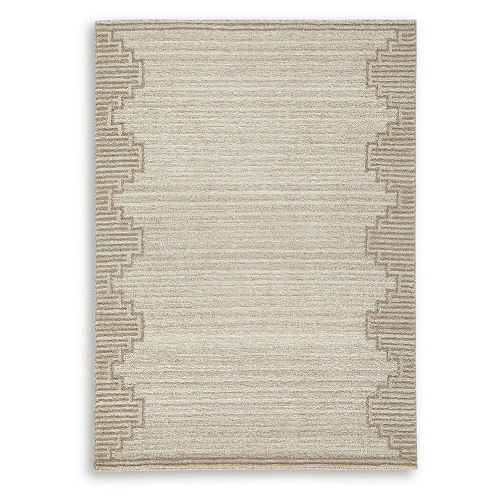 Emery Medium Area Rug with Brown Stepped Border Design | Beige Tufted Wool 5x7