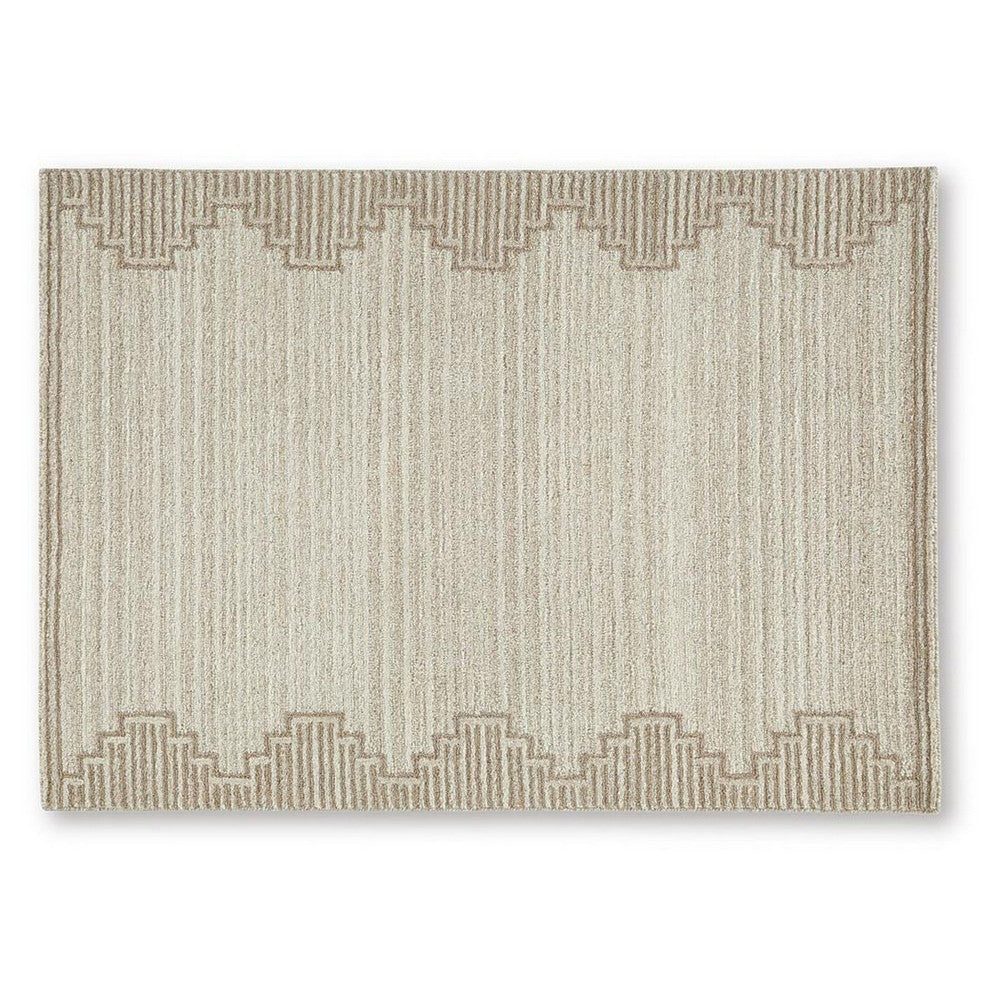 Emery Medium Area Rug with Brown Stepped Border Design | Beige Tufted Wool 5x7