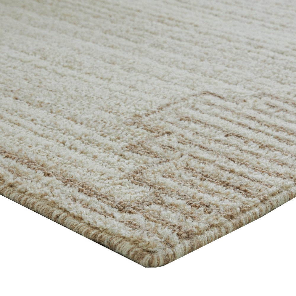 Emery Medium Area Rug with Brown Stepped Border Design | Beige Tufted Wool 5x7