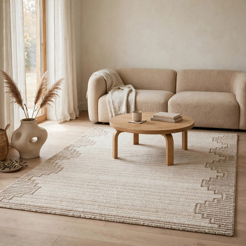 Emery Medium Area Rug with Brown Stepped Border Design | Beige Tufted Wool 5x7