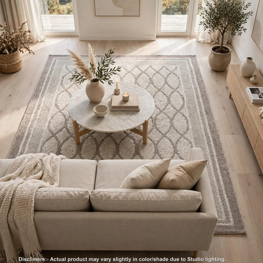 Winie Medium Area Rug with Trellis Motifs | Bordered Design | Gray Tufted Wool 5x7