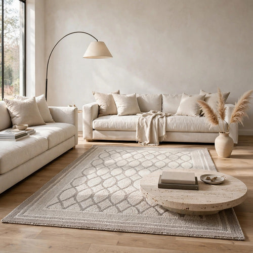 Winie Medium Area Rug with Trellis Motifs | Bordered Design | Gray Tufted Wool 5x7