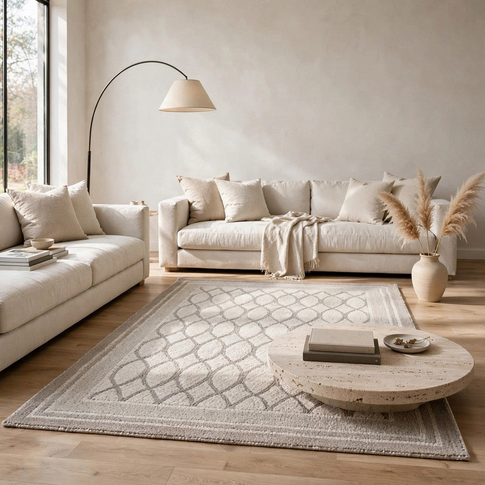 Winie Medium Area Rug with Trellis Motifs | Bordered Design | Gray Tufted Wool 5x7