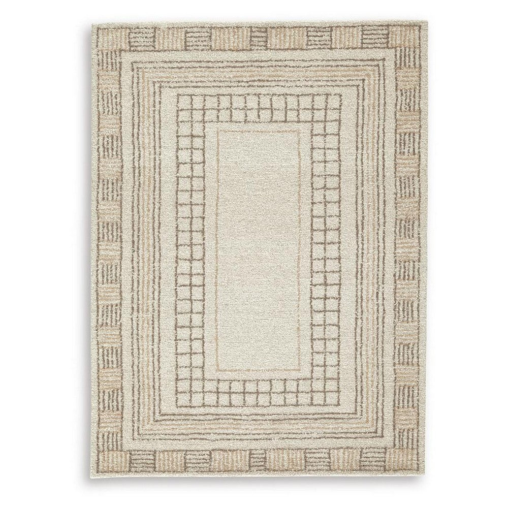 Adam H&-Tufted Medium Area Rug with Brown Geometric Border | Taupe Wool-Jute 5x7