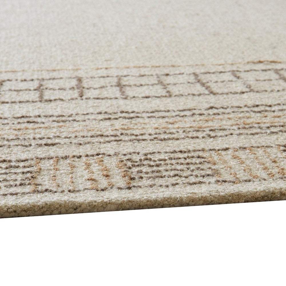 Adam H&-Tufted Medium Area Rug with Brown Geometric Border | Taupe Wool-Jute 5x7