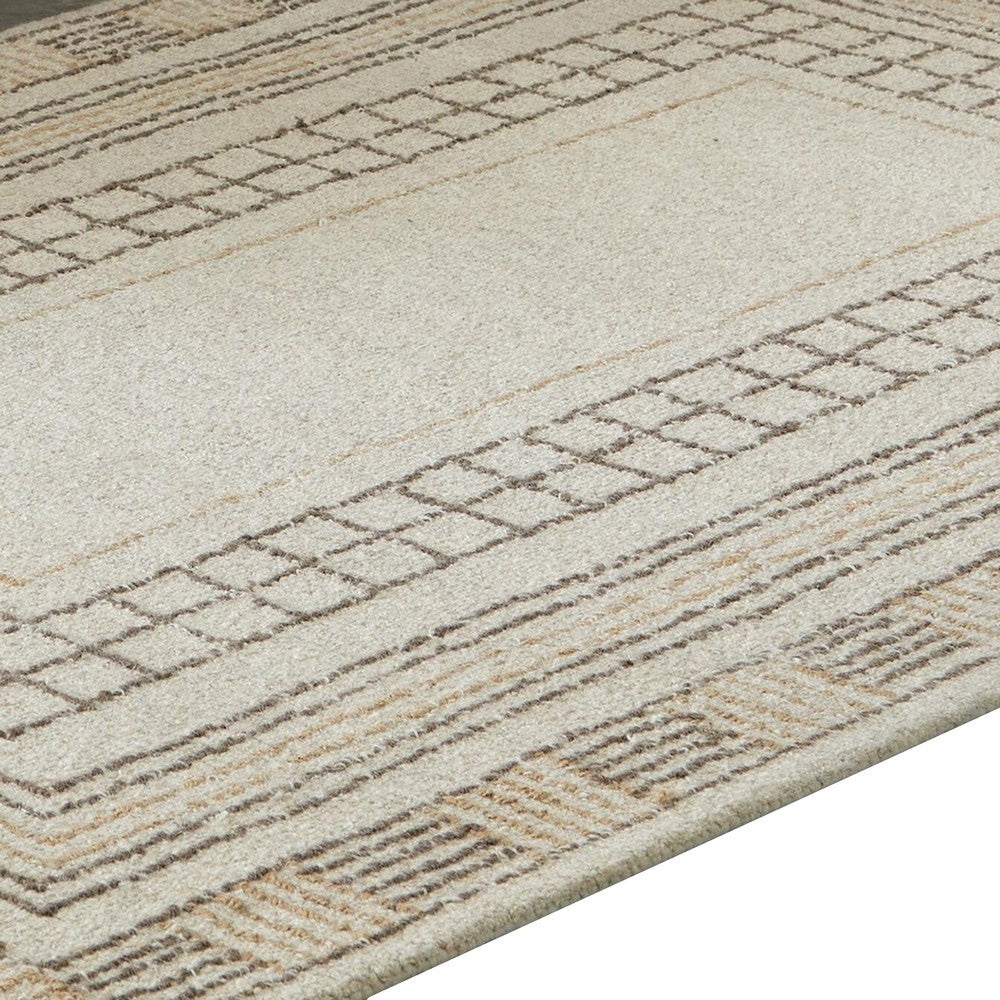 Adam H&-Tufted Medium Area Rug with Brown Geometric Border | Taupe Wool-Jute 5x7