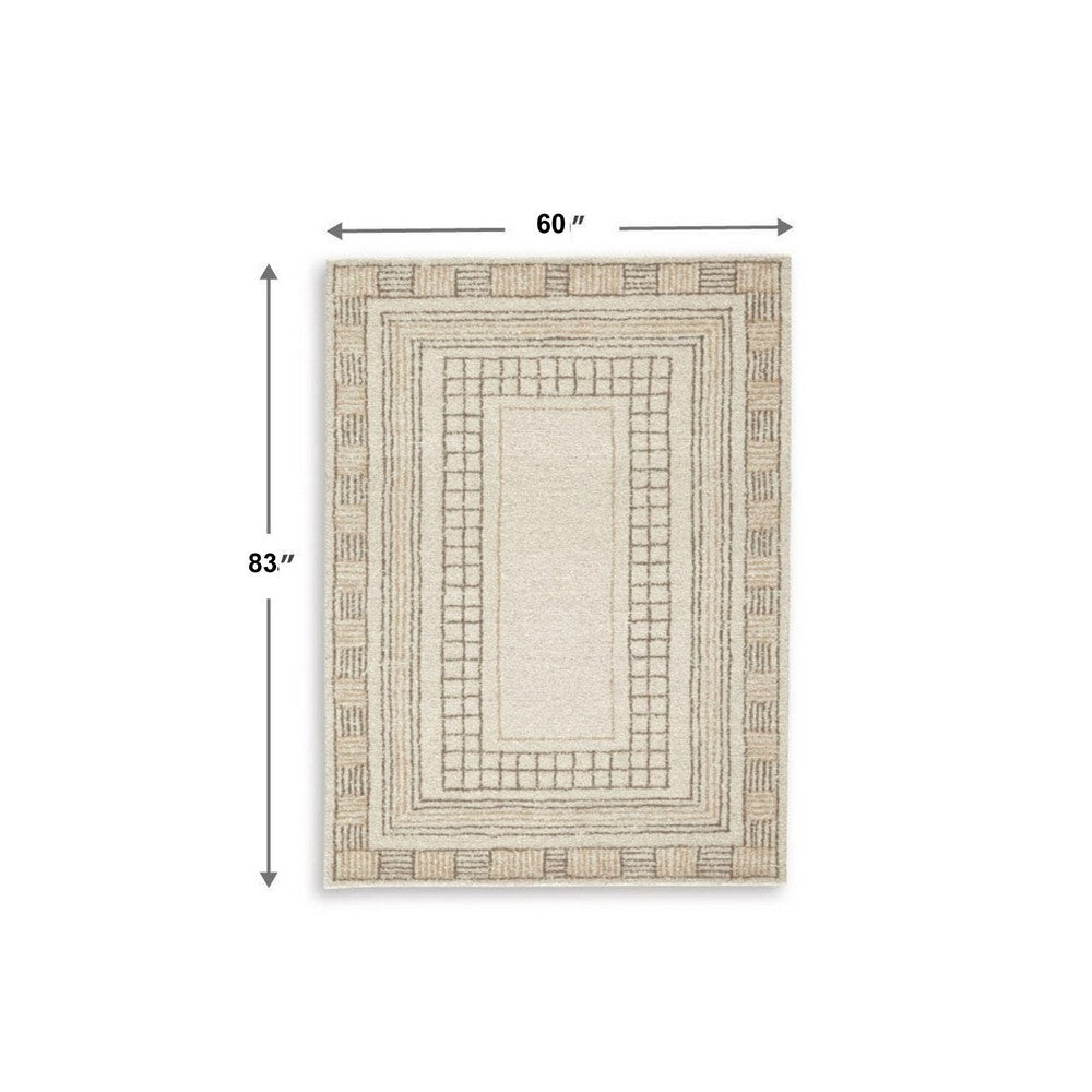 Adam H&-Tufted Medium Area Rug with Brown Geometric Border | Taupe Wool-Jute 5x7