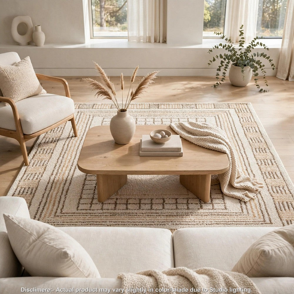 Adam H&-Tufted Medium Area Rug with Brown Geometric Border | Taupe Wool-Jute 5x7