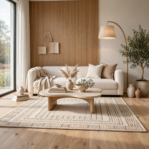 Adam H&-Tufted Medium Area Rug with Brown Geometric Border | Taupe Wool-Jute 5x7
