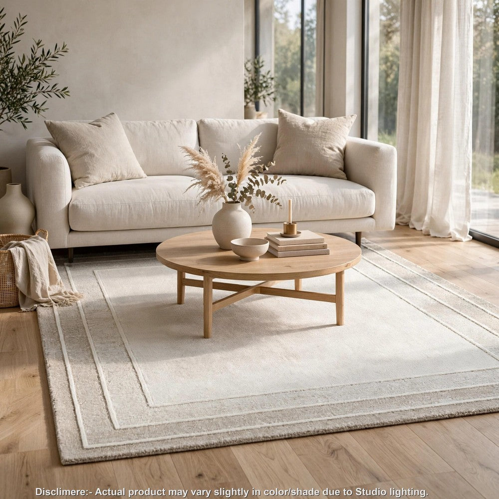Teena H&-Tufted Medium Area Rug with Tan Bordered Patterns | Ivory Wool 5x7