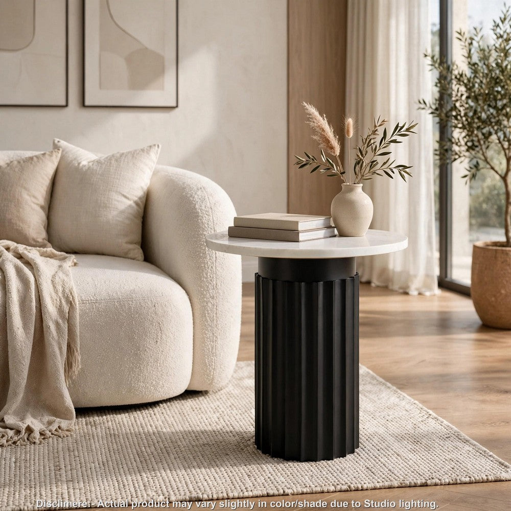 Waina Accent Table with White Marble Top | Black Fluted Metal Frame 20"