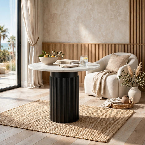 Waina Accent Table with White Marble Top | Black Fluted Metal Frame 20"
