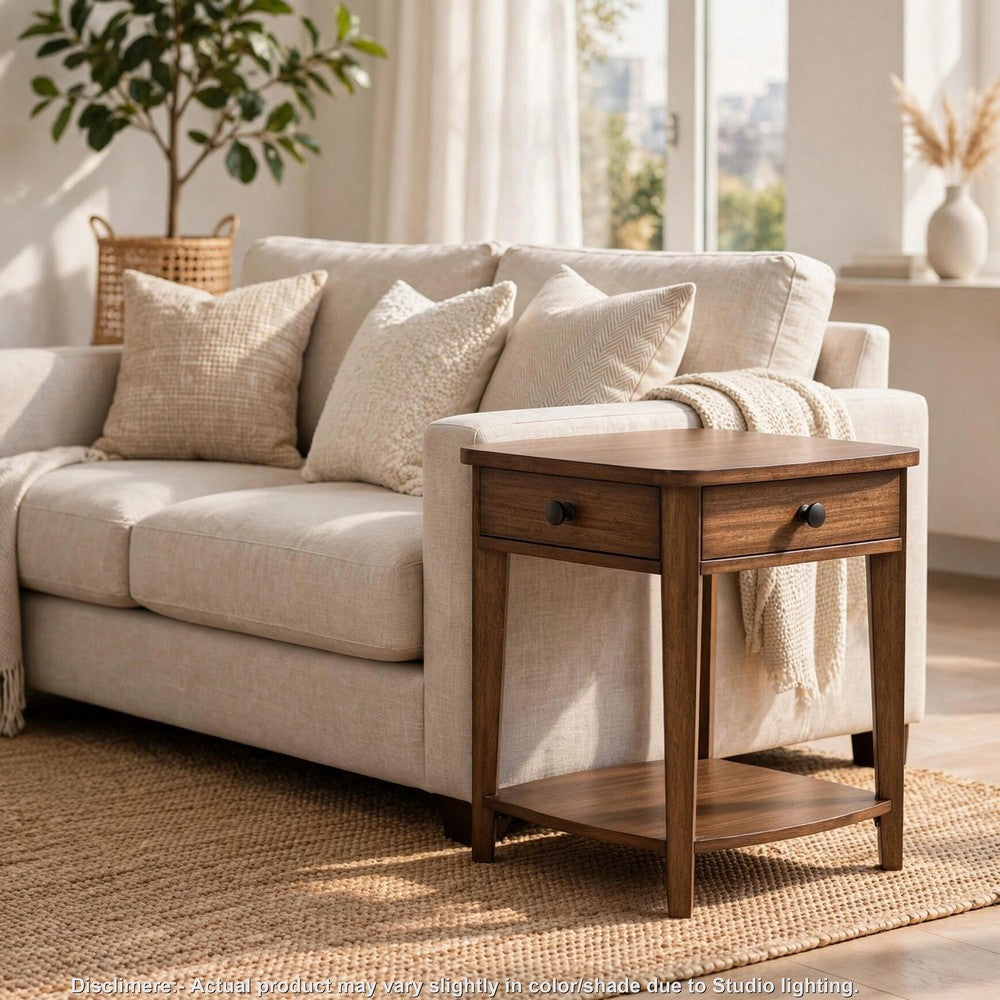 Buckly End Table | Drawer & Lower Shelf | Brown Eucalyptus-Rubberwood 26"