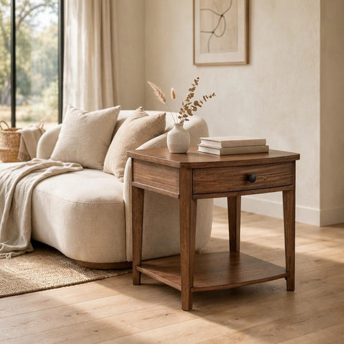 Buckly End Table | Drawer & Lower Shelf | Brown Eucalyptus-Rubberwood 26"