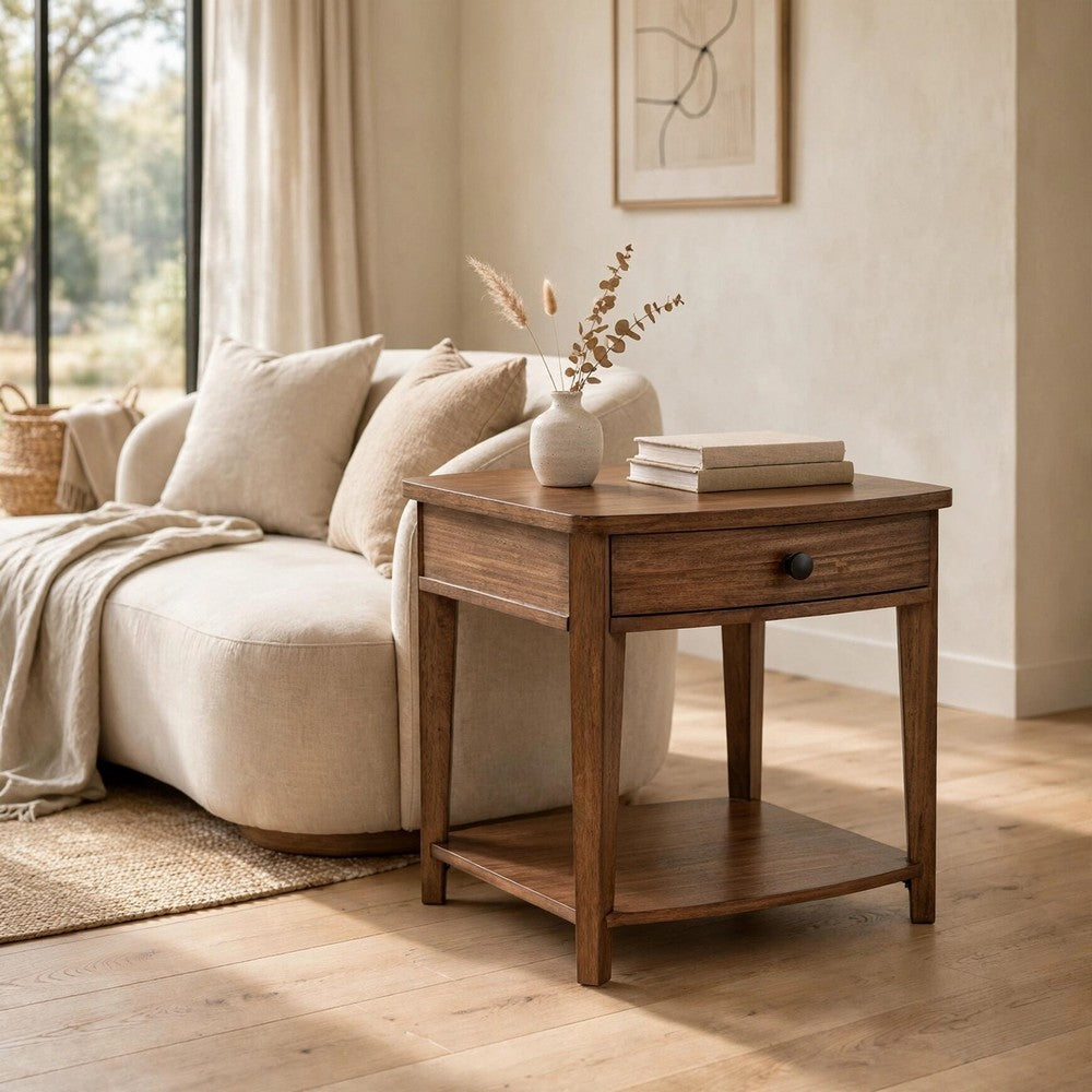 Buckly End Table | Drawer & Lower Shelf | Brown Eucalyptus-Rubberwood 26"