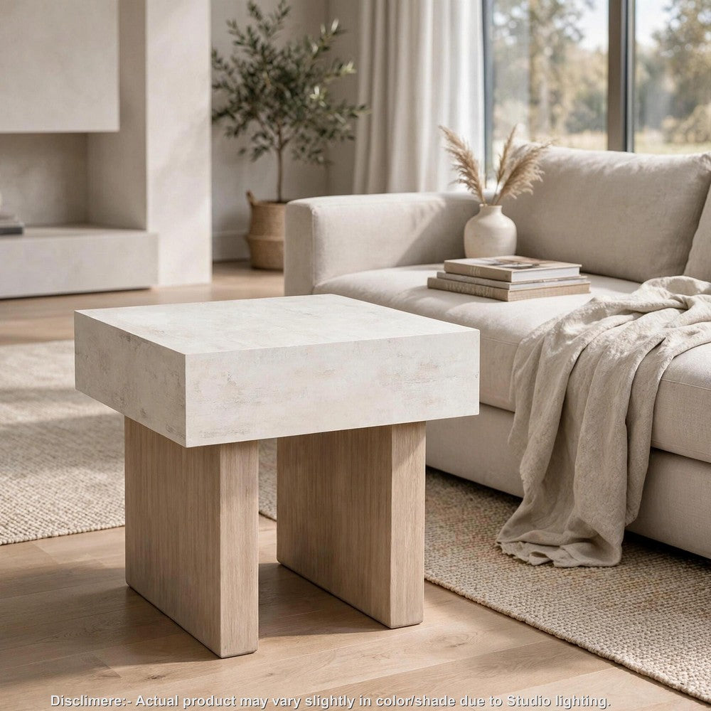 Laina Modern Square Side End Table with Faux Cement Top | Gray Wood 26"
