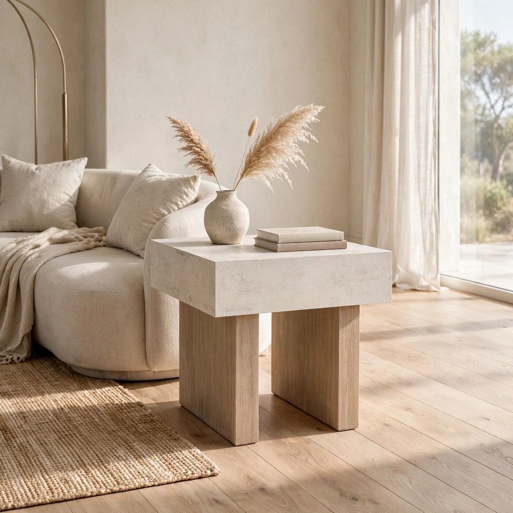 Laina Modern Square Side End Table with Faux Cement Top | Gray Wood 26"