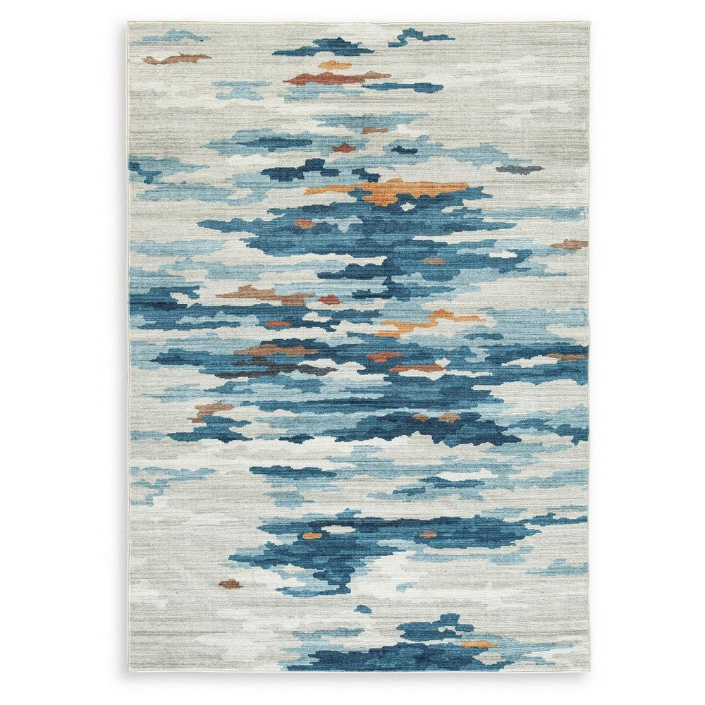 Vinly Washable Large Area Rug | Blue-Brown Abstract Design | Cream Polyester 8x10