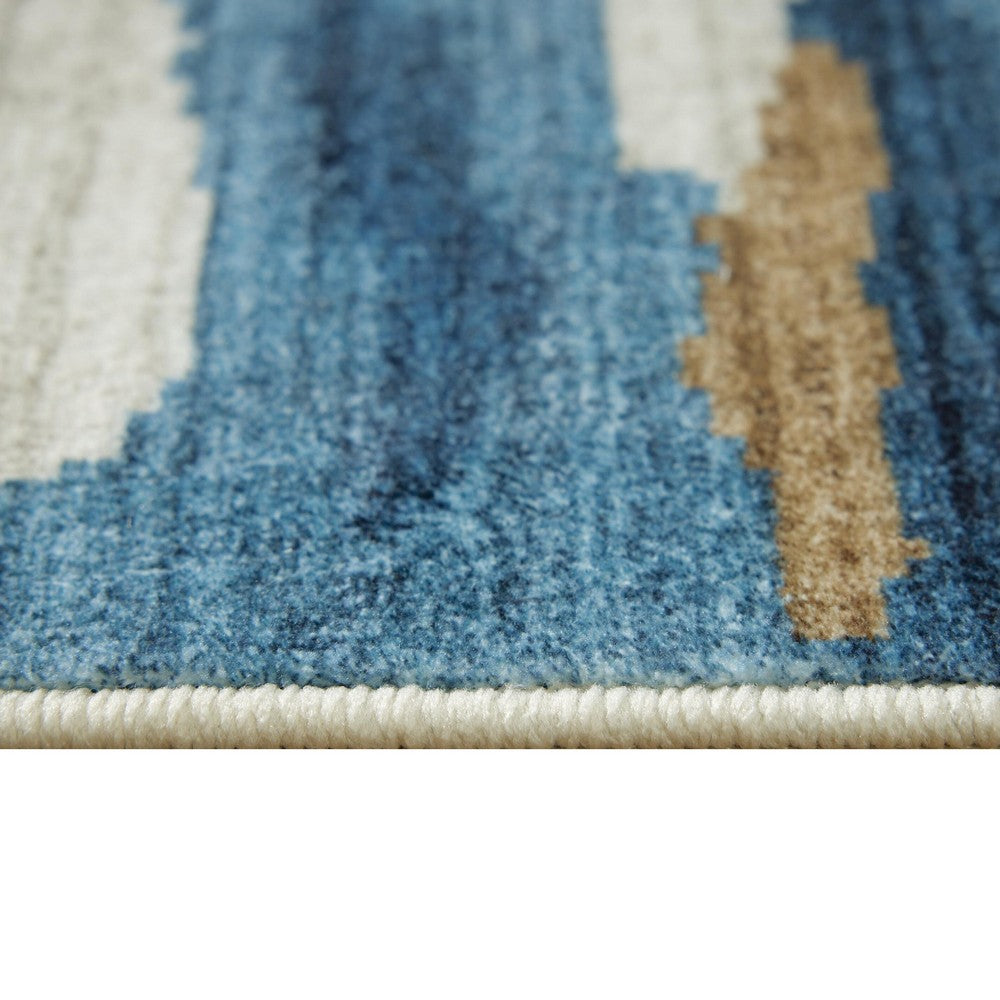 Vinly Washable Large Area Rug | Blue-Brown Abstract Design | Cream Polyester 8x10