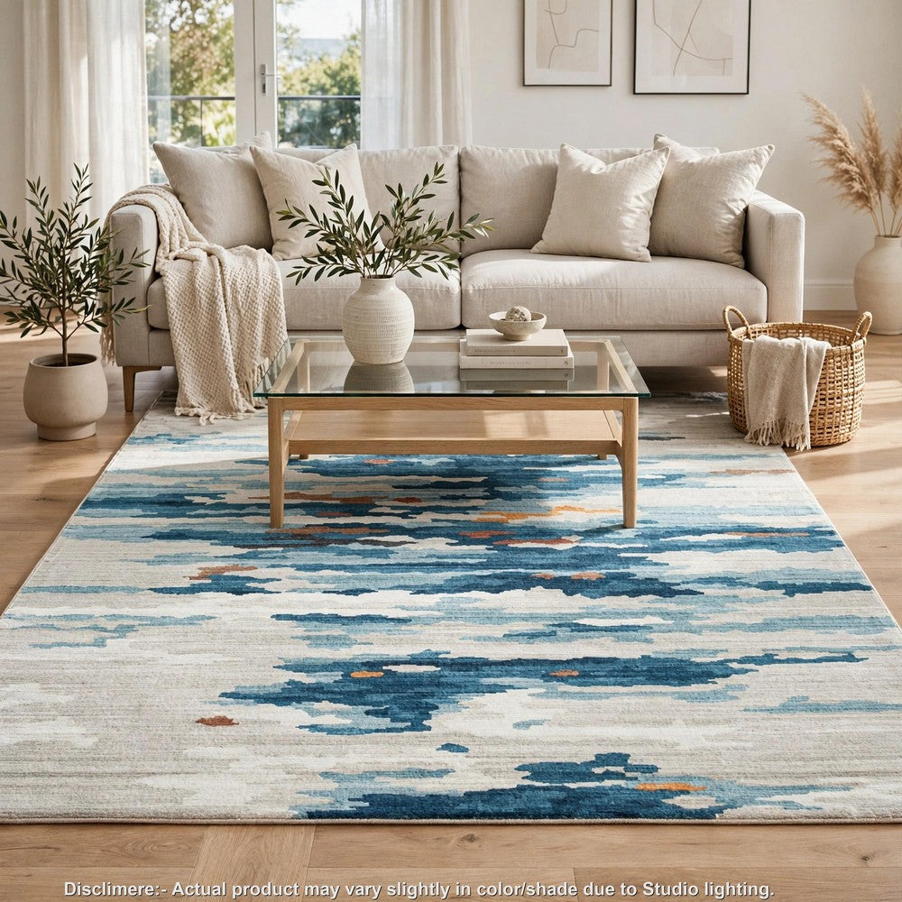 Vinly Washable Large Area Rug | Blue-Brown Abstract Design | Cream Polyester 8x10