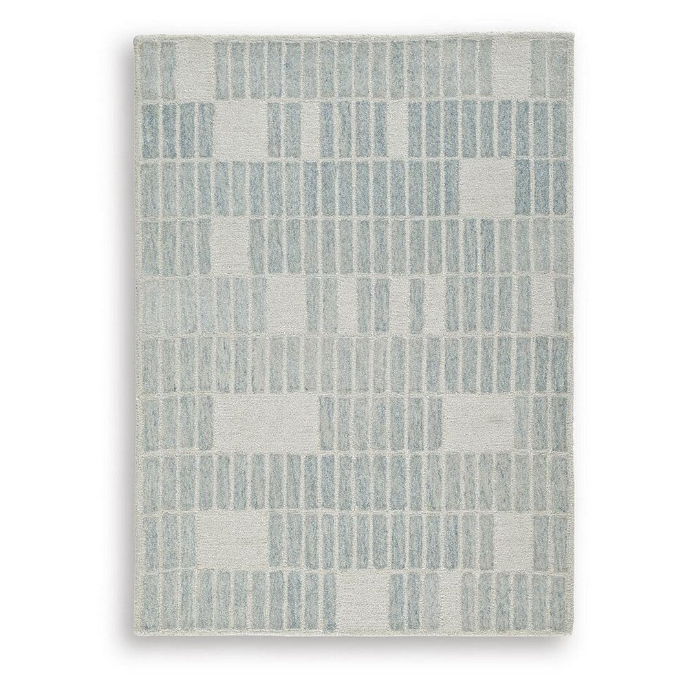 Dyni Medium Area Rug | Ivory-Blue Geometric Design | Wool-Polyester 5 x 7
