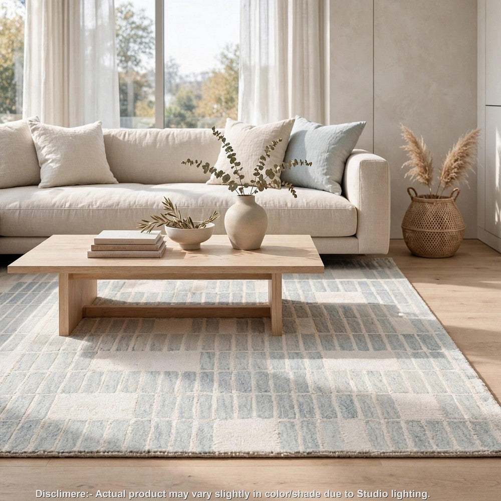 Dyni Medium Area Rug | Ivory-Blue Geometric Design | Wool-Polyester 5 x 7