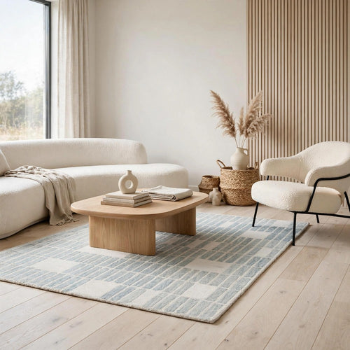 Dyni Medium Area Rug | Ivory-Blue Geometric Design | Wool-Polyester 5 x 7