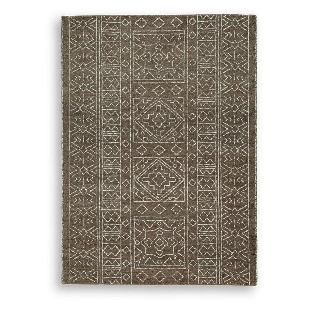 Amina H&-Tufted Medium Rug | Ivory Geometric-Medallion Motifs | Brown Wool 5x7