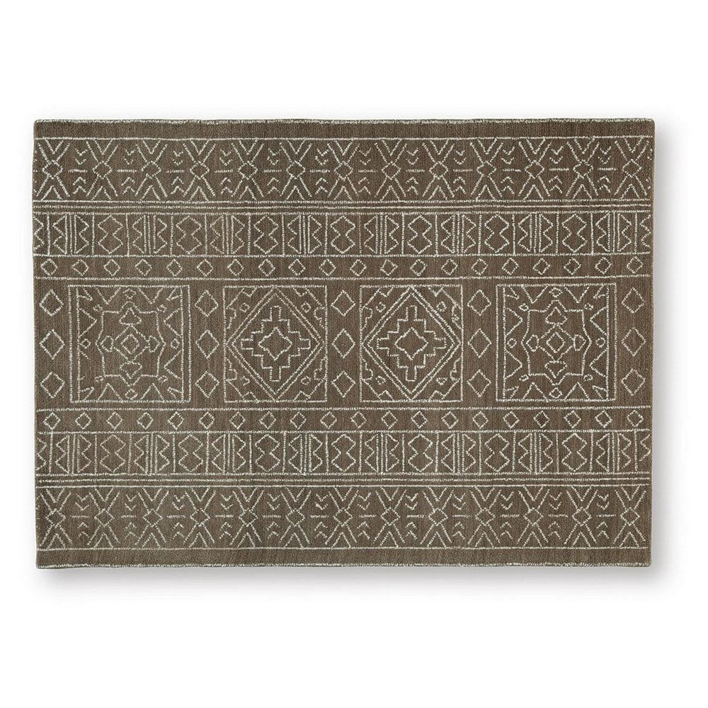 Amina H&-Tufted Medium Rug | Ivory Geometric-Medallion Motifs | Brown Wool 5x7