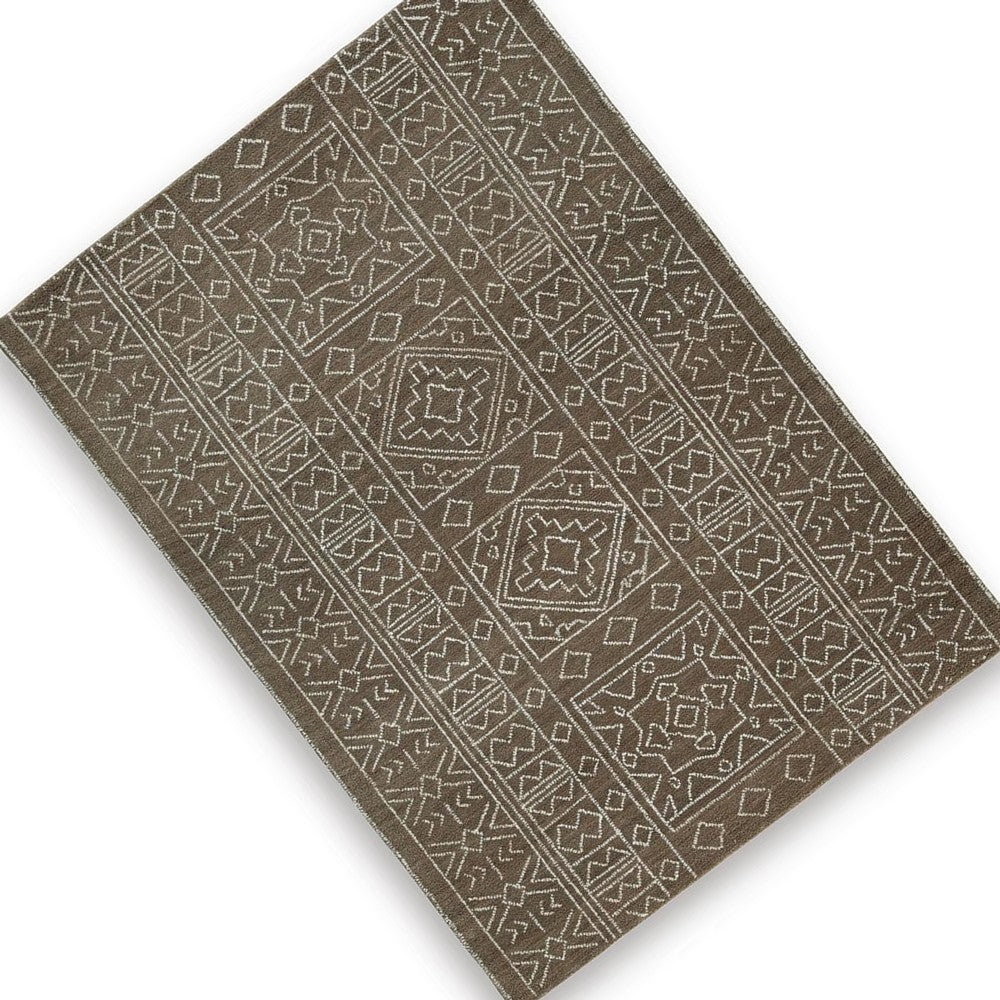 Amina H&-Tufted Medium Rug | Ivory Geometric-Medallion Motifs | Brown Wool 5x7