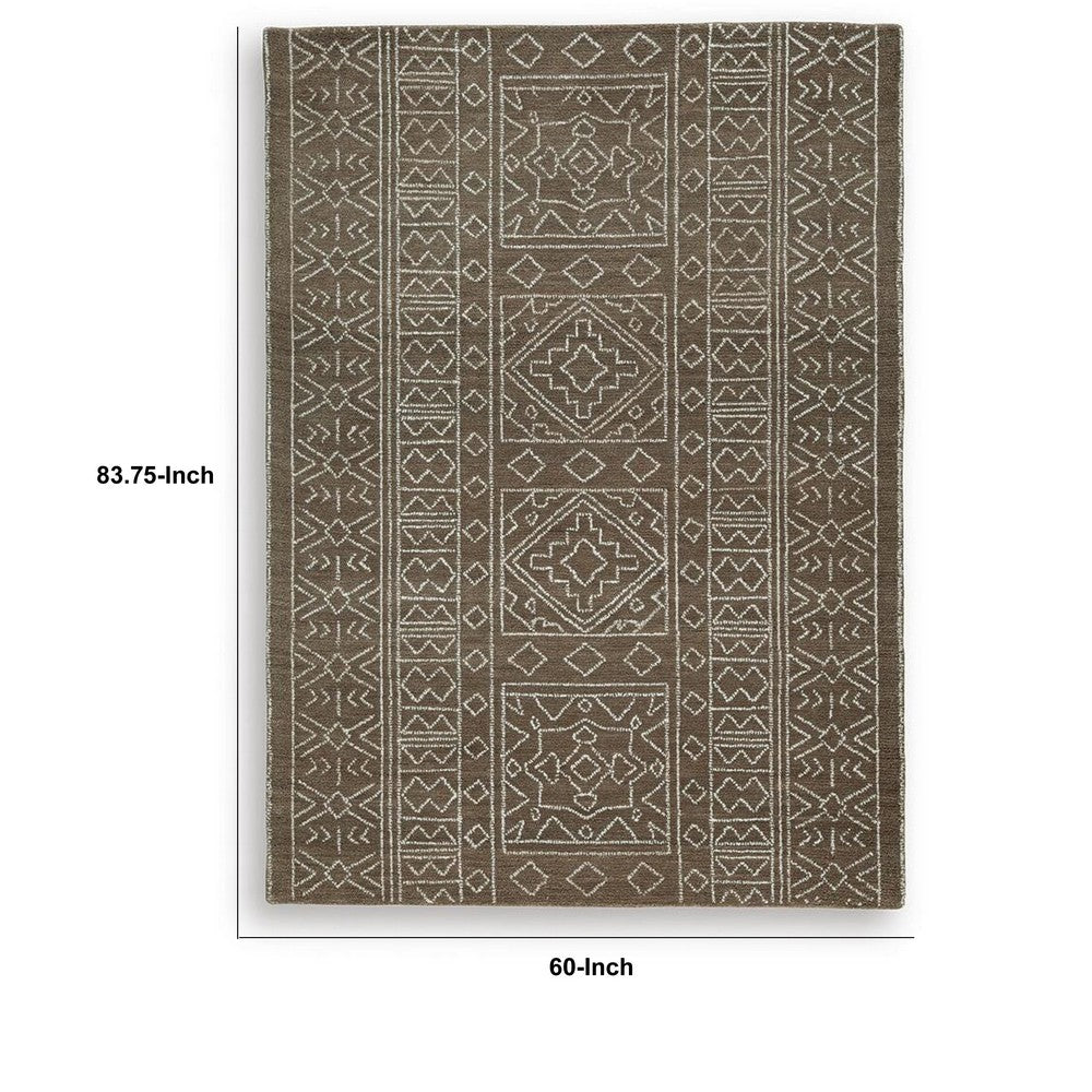 Amina H&-Tufted Medium Rug | Ivory Geometric-Medallion Motifs | Brown Wool 5x7