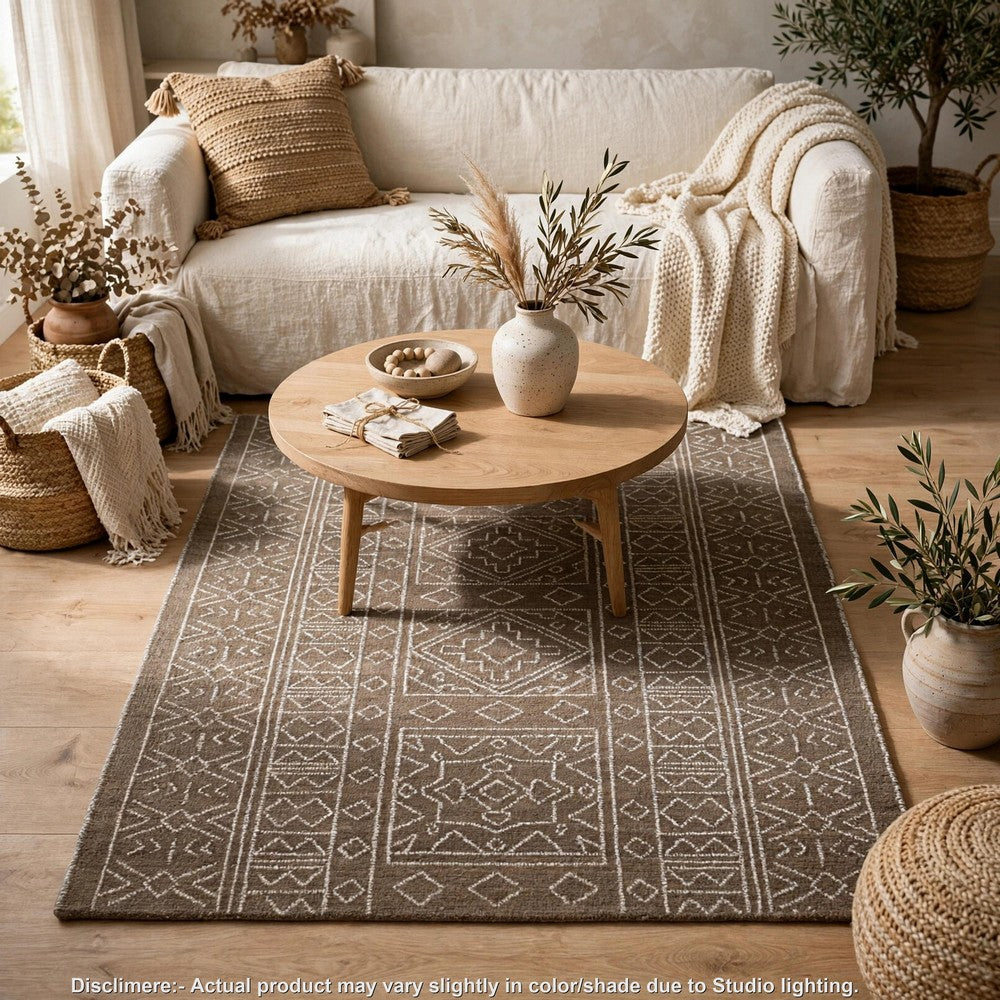 Amina H&-Tufted Medium Rug | Ivory Geometric-Medallion Motifs | Brown Wool 5x7