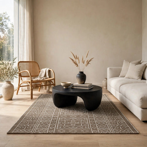 Amina H&-Tufted Medium Rug | Ivory Geometric-Medallion Motifs | Brown Wool 5x7