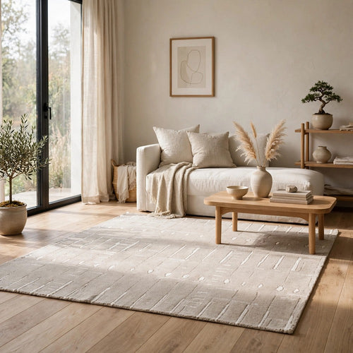 Berty H&-Tufted Medium Area Rug | Abstract Stripes |Tan | Ivory Wool 5x7