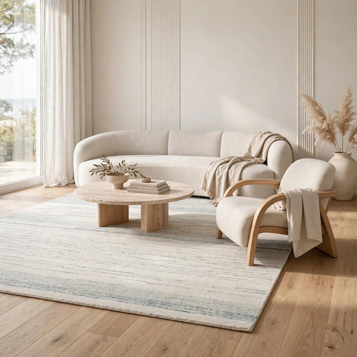 Genie H&-Tufted Medium Area Rug | Blue Abstract Design | Ivory Wool 5x7
