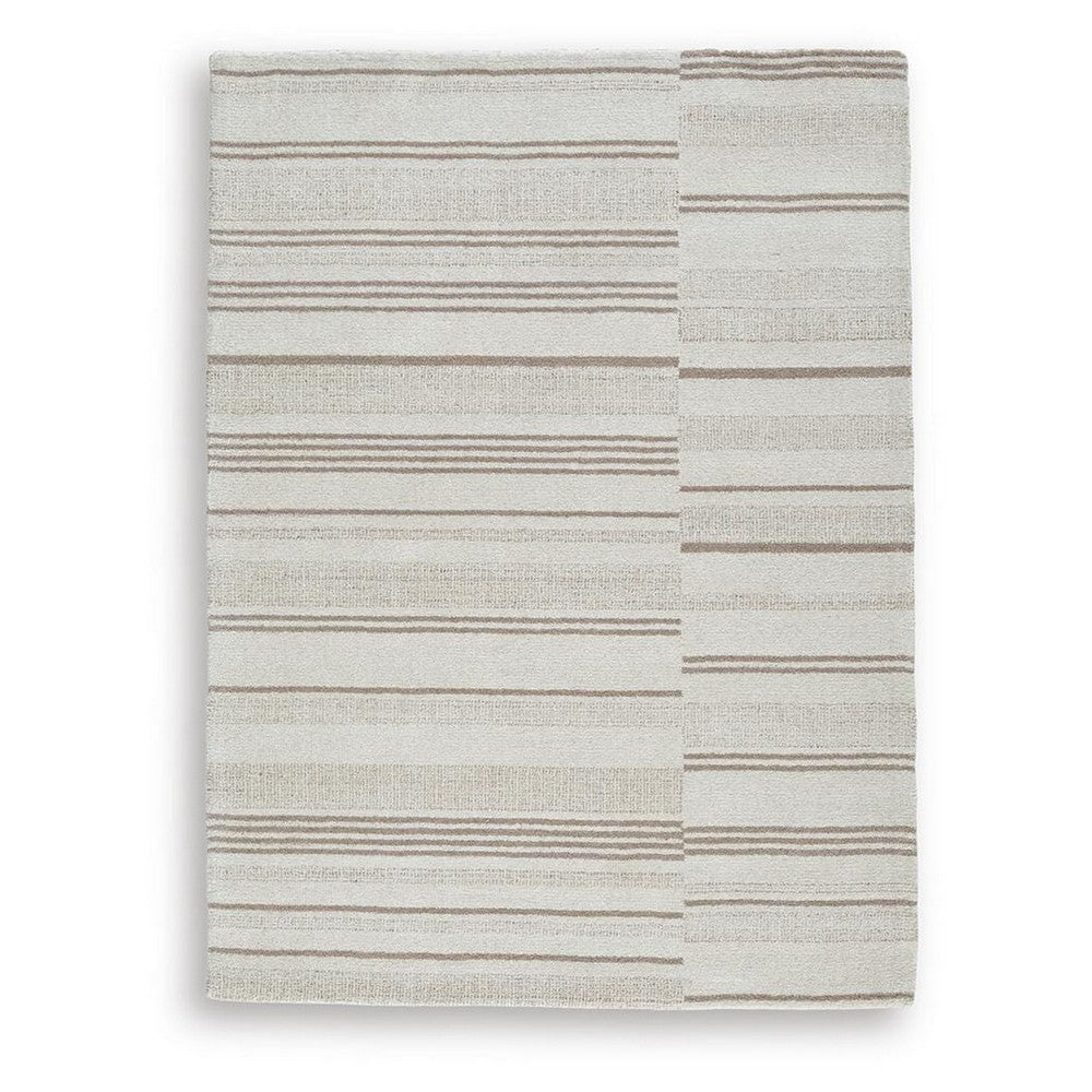 Judy H&-Tufted Medium Area Rug with Tan Stripe Design | Ivory Wool-Polyester 5x7