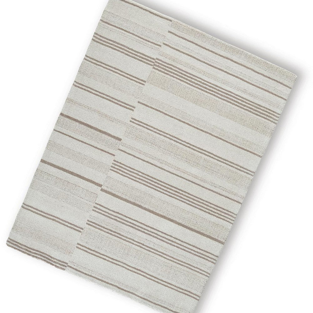 Judy H&-Tufted Medium Area Rug with Tan Stripe Design | Ivory Wool-Polyester 5x7