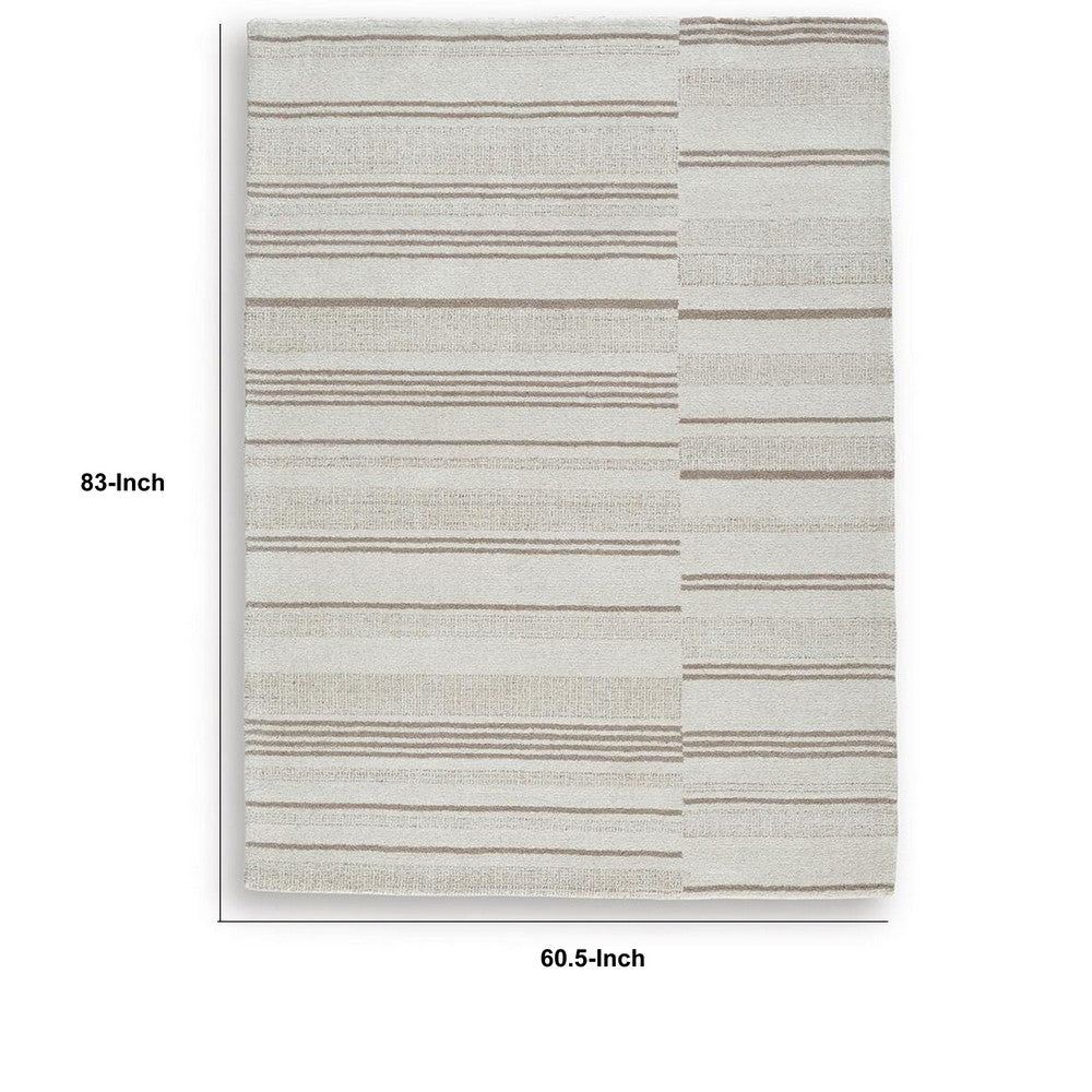 Judy H&-Tufted Medium Area Rug with Tan Stripe Design | Ivory Wool-Polyester 5x7