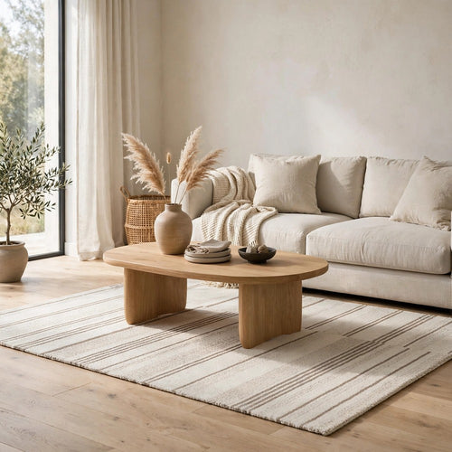 Judy H&-Tufted Medium Area Rug with Tan Stripe Design | Ivory Wool-Polyester 5x7